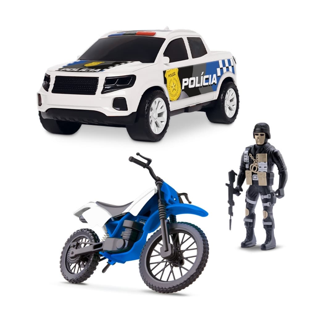 Brinquedo Infantil Menino Força Tarefa Policial Com Caminhonete Boneco e Moto Samba Toys