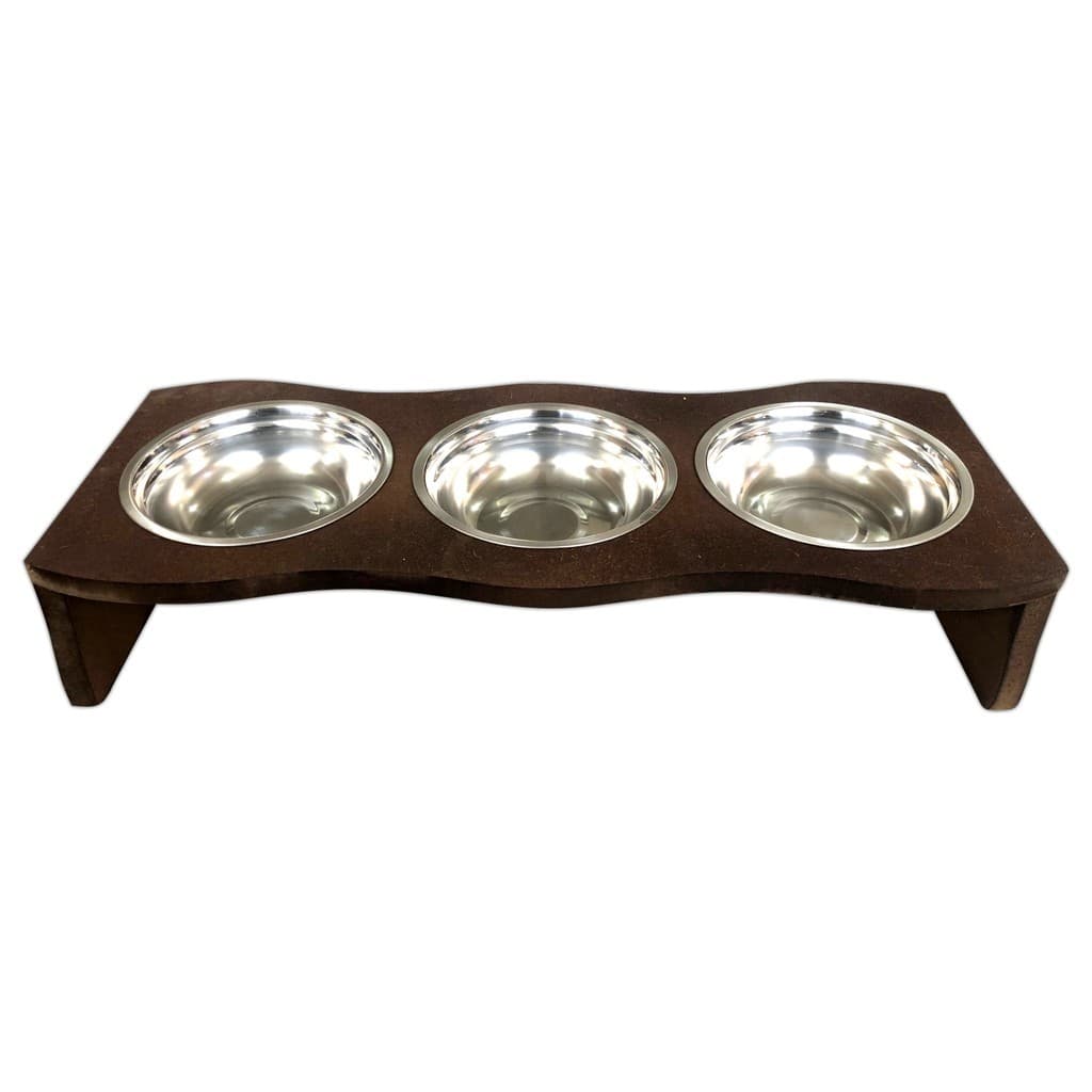 Comedouro Madeira Com 3 Potes Em Inox Para Pet Cachorro Gato MARROM