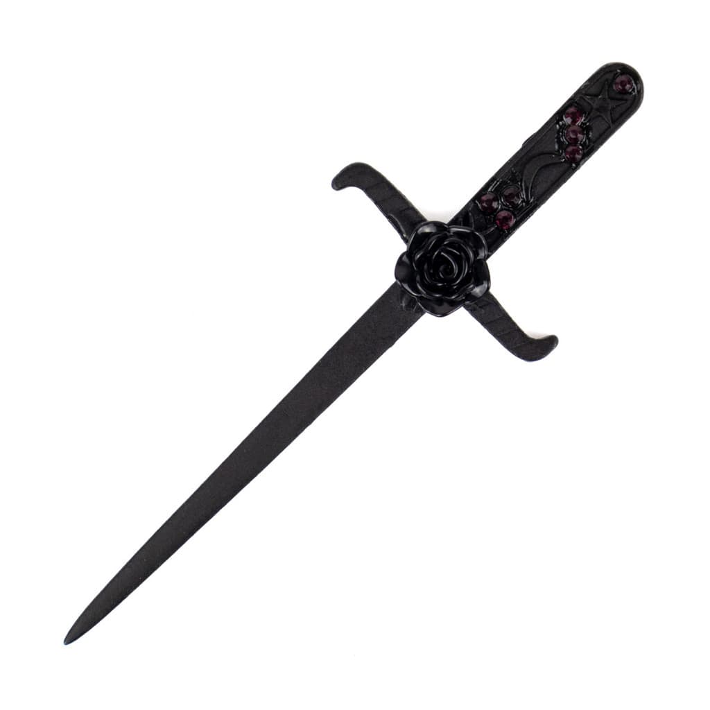 Athame Negro em Metal com Rosa Negra 16,50 cm Ritual Proteção