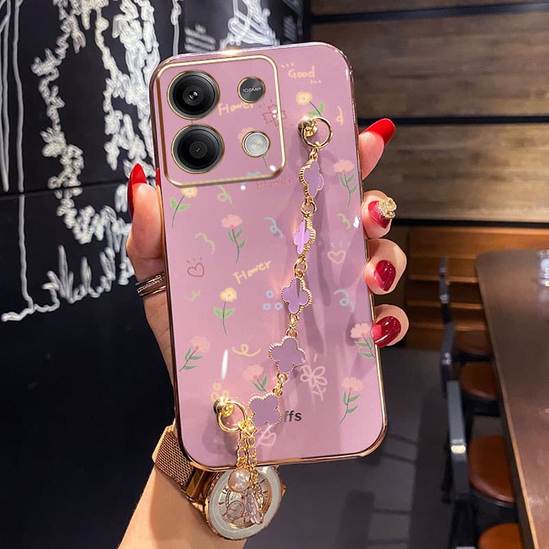 Caixa Xiaomi Redmi Note 13 Pro 4G 5G Note 13 Pro Plus Note 13 Pro+ Note 13R Pro 5G Poco M6 Pro 4G Poco X6 5G X6 Neo Pequeno Padrão De Flor Com Bracelete De Quatro Folhas À Prova De Choque