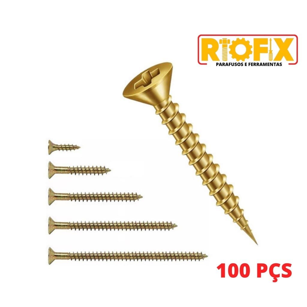 100 Parafusos Chipboard 3,5mm Para Moveis Madeira e MDF Cabeça Chata - Bicromatizado
