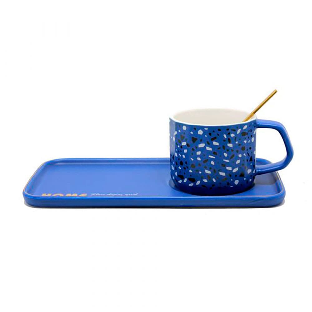 Kit Xícara c/Travessa Porcelana Granulite Azul Home e Colher