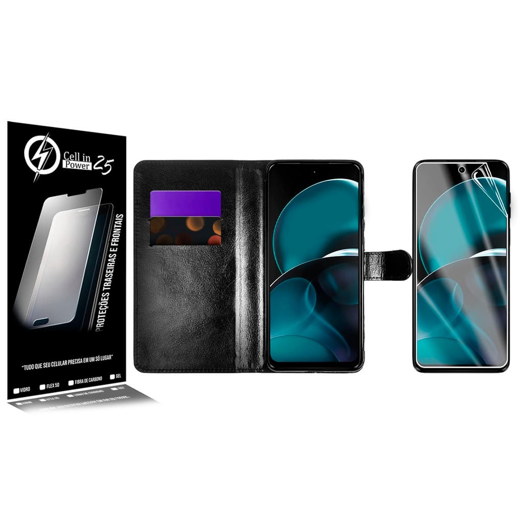Capa Case Carteira Couro Sintético Preto + Película De Hydrogel HD Para Moto G14 Xt2341 6.5  - Cell In Power25