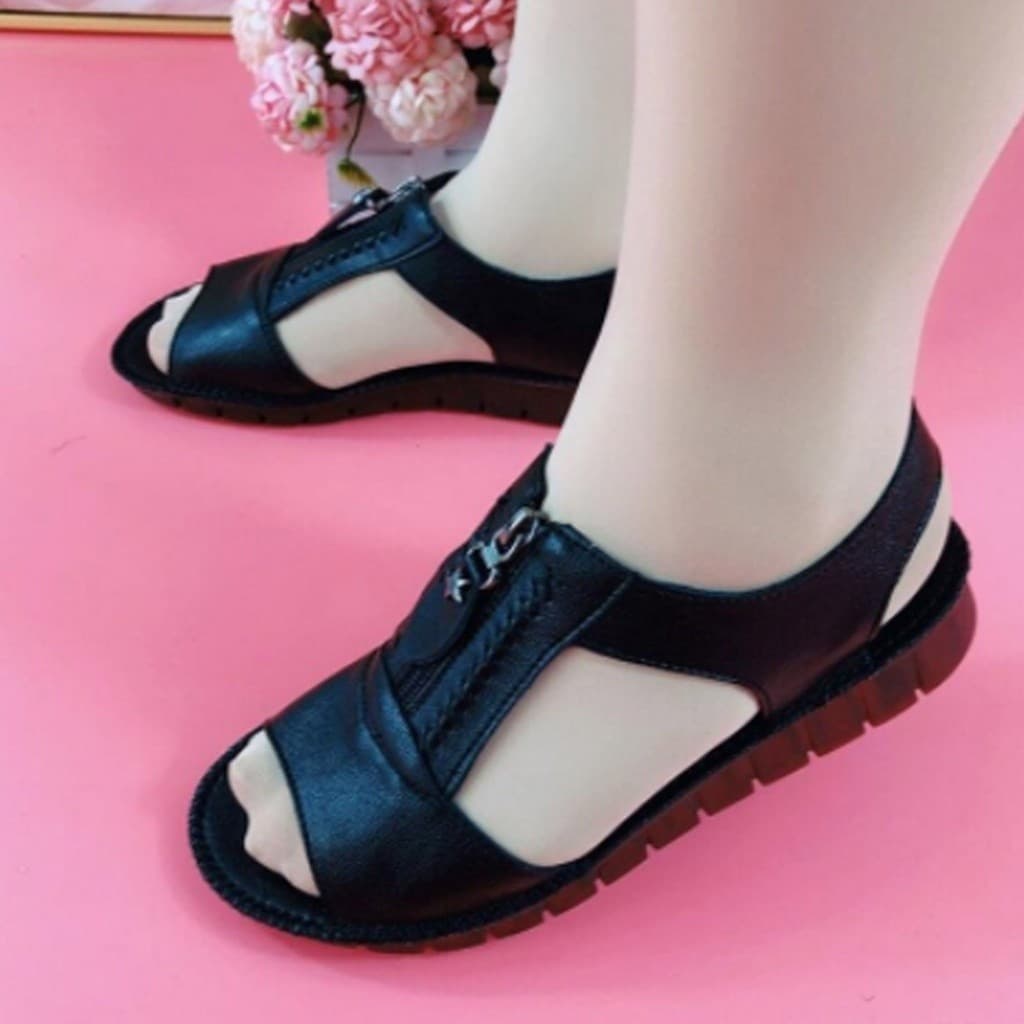 Sandálias femininas ultra baixo preço, zíper tubo reto Pu couro confortável sola de verão sapatos casuais