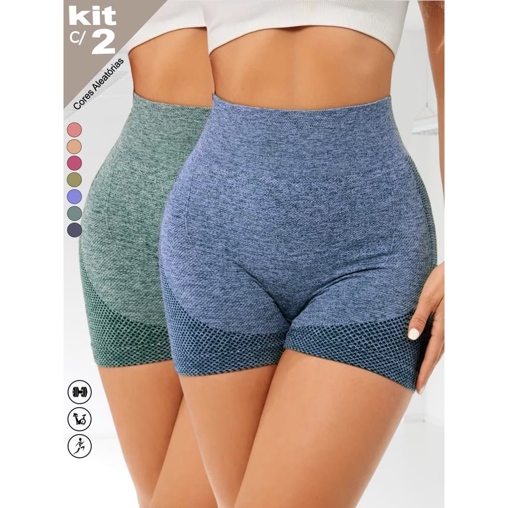 KIT c/2 SHORT ACADEMIA CINTURA ALTA FITNESS LEVANTA EMPINA BUMBUM PUSH UP YOGA ESPORTE