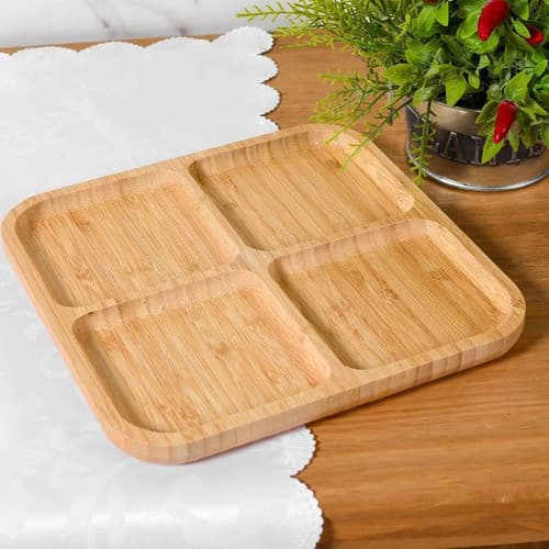 Petisqueira Quadrada De Bambu 4 Cavidades Resistente Natural Premium