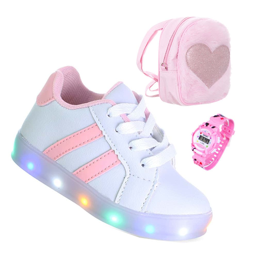 Kit Infantil Sapato de Criança Menina Com Luzinha de Led + Mochila + Relogio