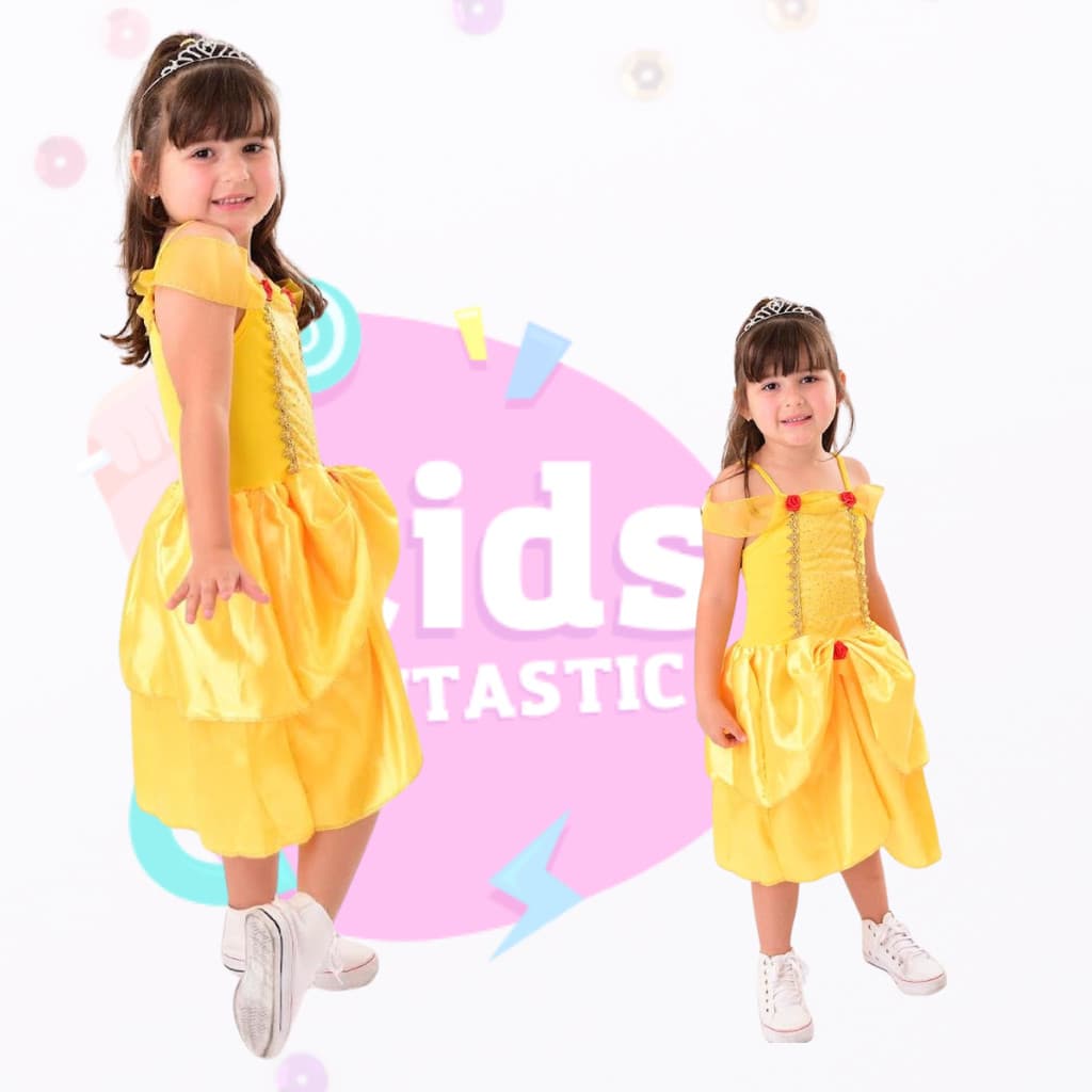 Vestido Fantasia Infantil Princesa Bela Menina Princesas - Envio Imediato