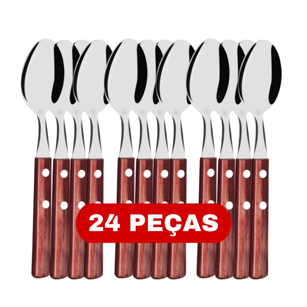 Conjunto de Colher Cabo de Madeira 24 peças Aço Inox  de Mesa Wood