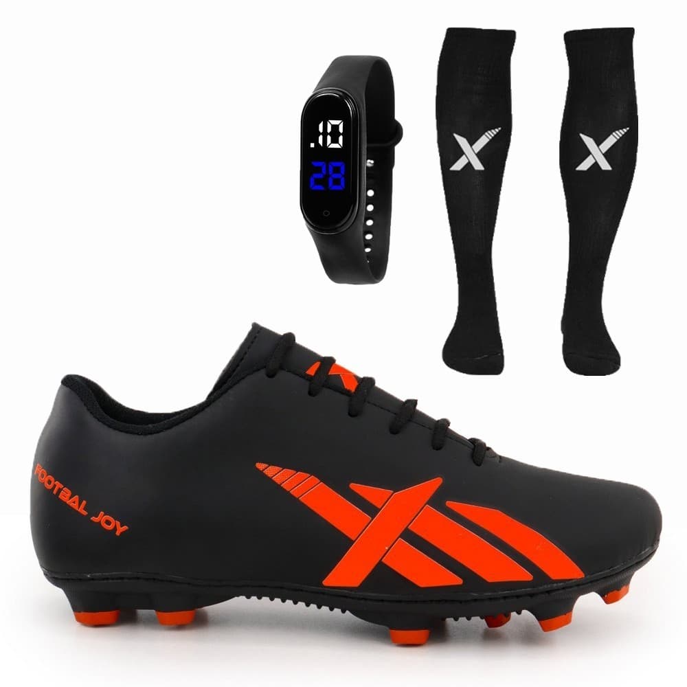 Kit Chuteira de Futebol Sola Campo Pião Trava Sola Costurada + Meião + Relógio
