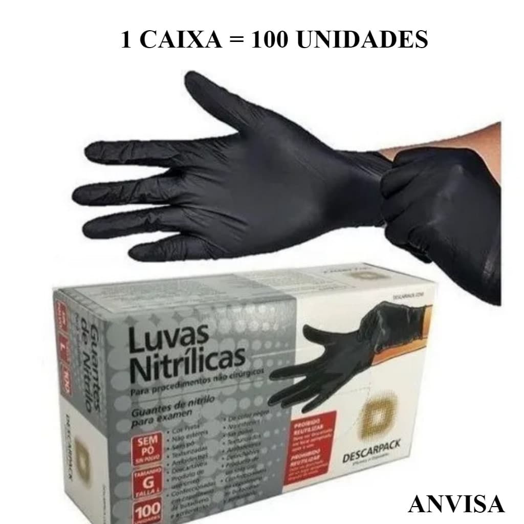 Luva Nitrilica Preta Descarpack/MEDIX/Inoven  Descartável Sem Pó Resistente 100 unidades