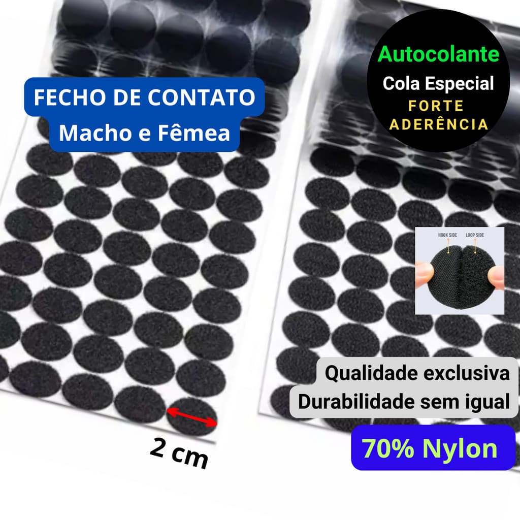 2 cm Fecho De Contato Autocolante Adesivo Redondo Preto Bolinha 20mm Cola Extra Forte Premium