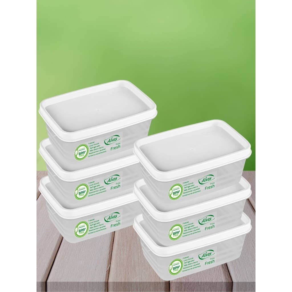Jogo 6 Potes Herméticos Retangular 250ml Tampa Branca Multiuso Freezer Geladeira Micro-ondas Porta Mantimento