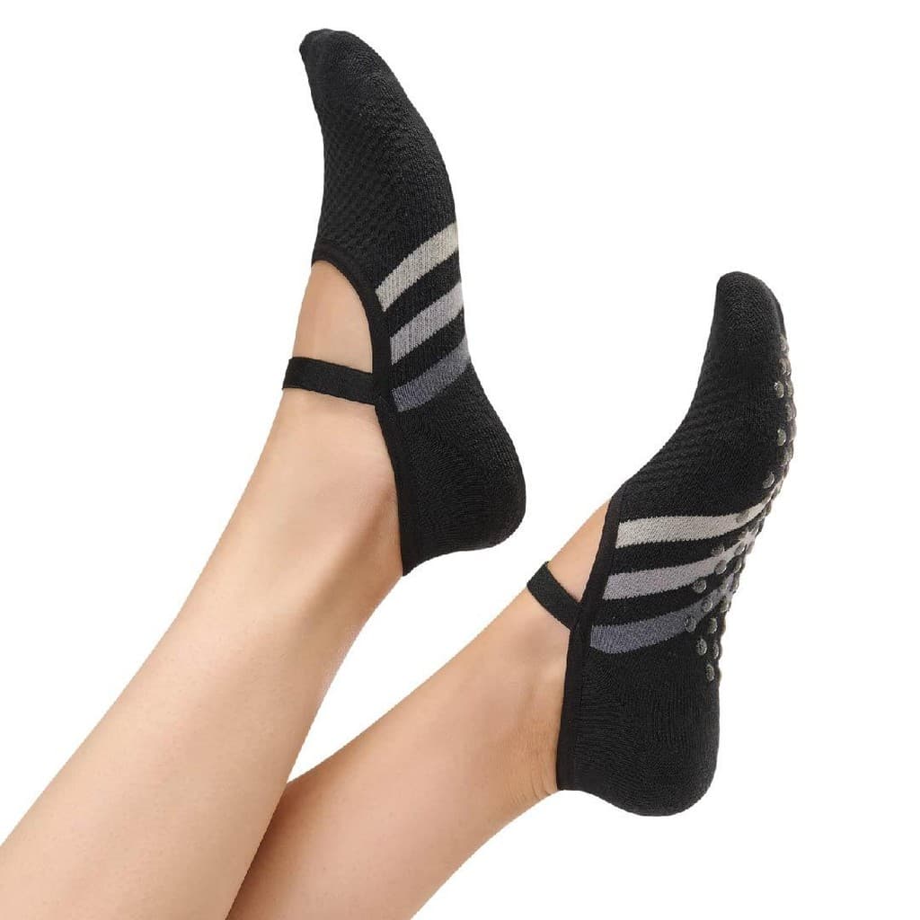 1 Par Sapatilha Antiderrapante Preto com Cinza Meia Pilates Yoga Feminina Preta com Faixa Pula pula