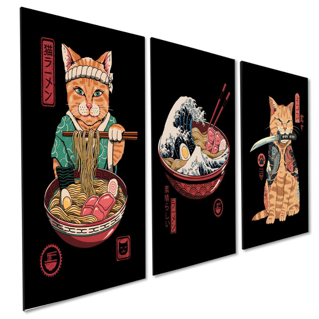 Kit 3 Quadros Decorativas Gato Lámen Onda de Kanagawa Cultura Japonesa