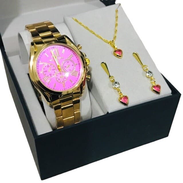 Kit Relogio Feminino de Luxo Com brinco e colar