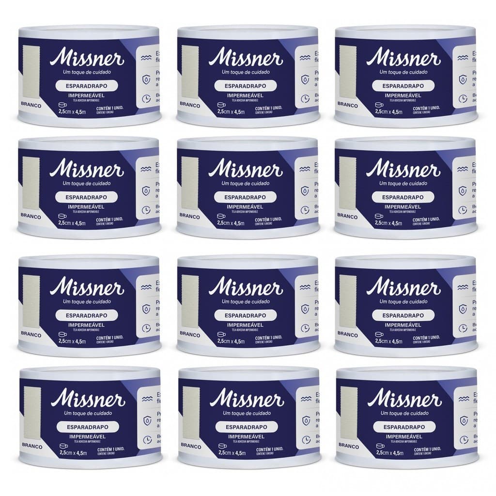 Kit 12 Esparadrapo Impermeável 2,5cm X 4,5m Branco - Missner