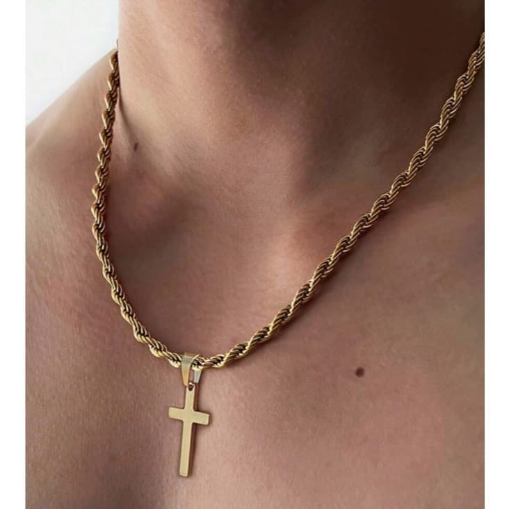 Corrente Trançado Baiano Feminino Unissex Masculina 45 cm Com Pingente Cruz Crucifixo Dourado em Aço Inox 316L