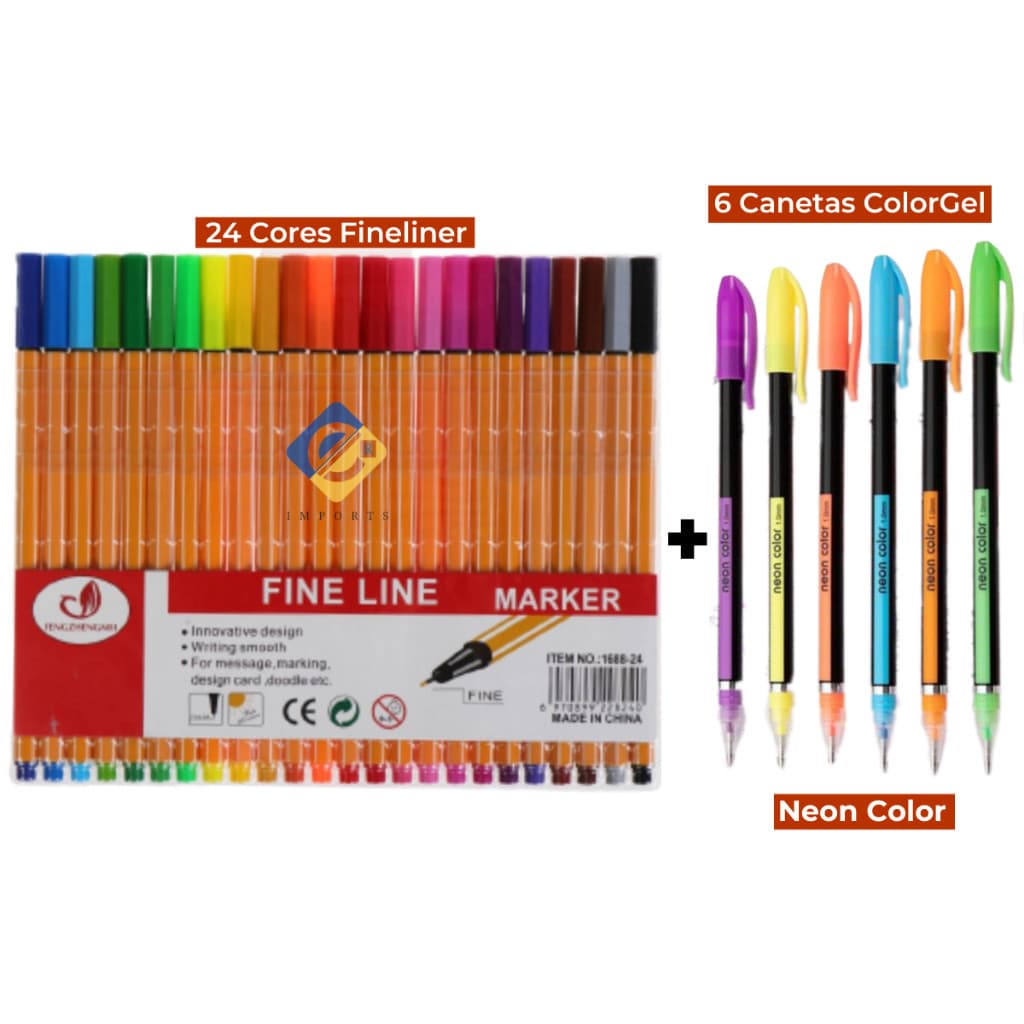 Kit Canetas Coloridas Fineliner 0.4 com 24 Cores + 6 Canetas Gel Coloridas