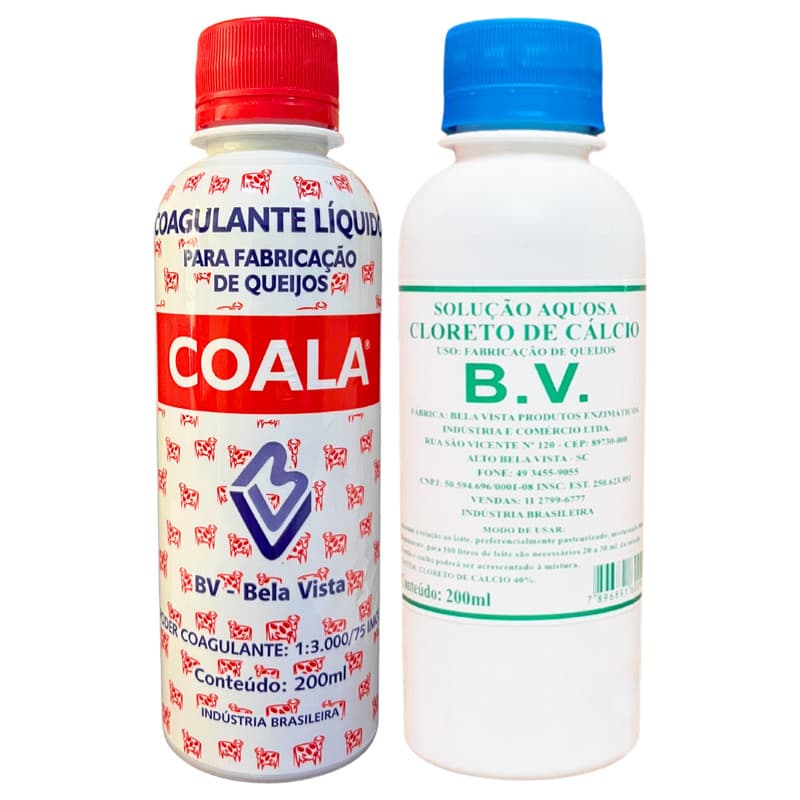 Kit Coalho Coagulante Líquido Coala 200ml + Cloreto de Cálcio Bela Vista 200ml Produção de Queijos