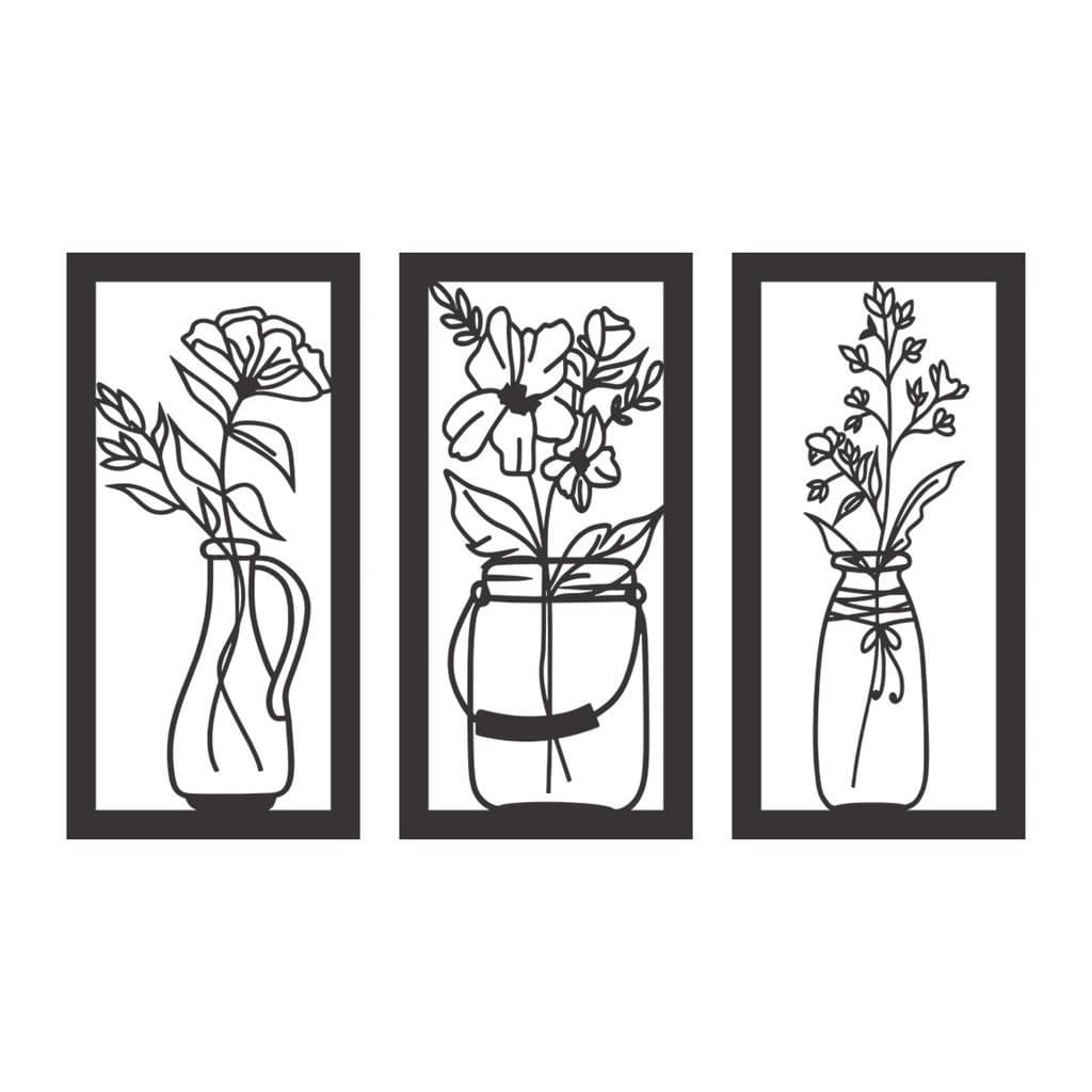 Quadro Decorativo Vazado Flores Delicadas MDF 3mm Preto Fosco
