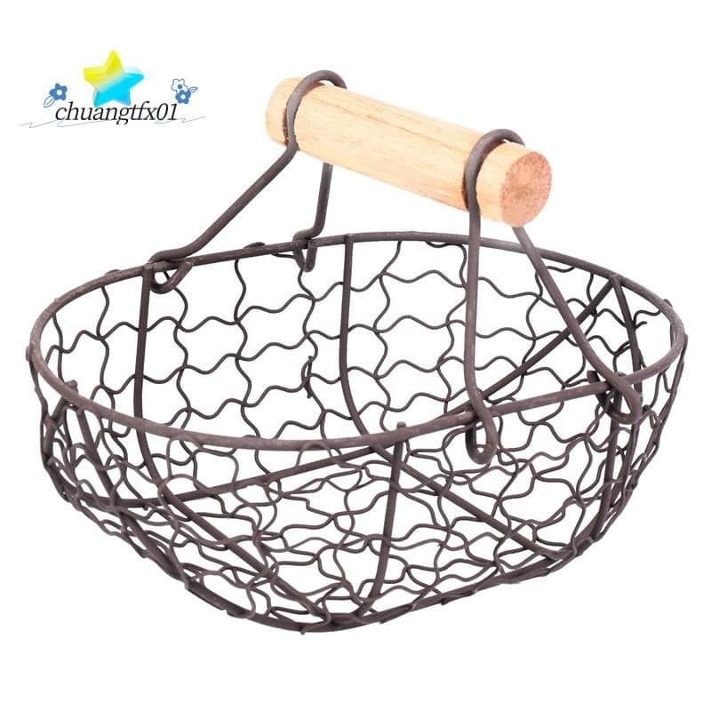 Alça De Madeira Metal Retro Cesta Portátil Multi-Função Vegetal Frutas Ovo Mantimentos Prático De Armazenamento Organiza