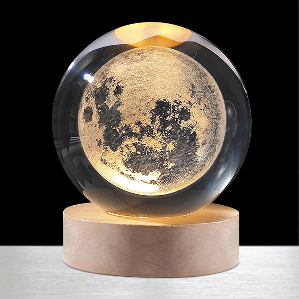Luminária Lua LED Bola de Cristal 3D Base de Madeira Luz Noturna Abajur Decorativo Presente Quarto