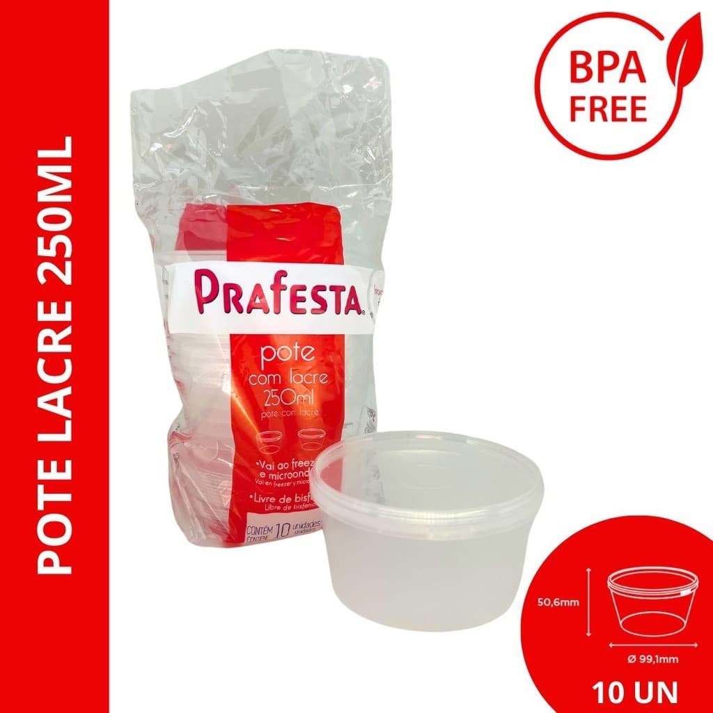 Pote Prafesta redondo com lacre 250ml pacote com 10 unidades