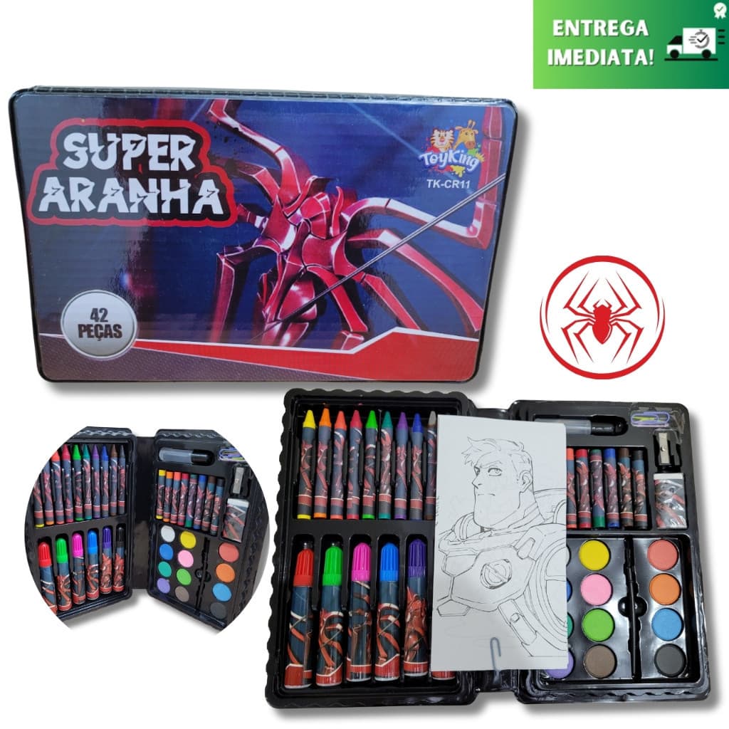 Maleta de Pintura Estojo Escolar Infantil de Spider 42 Peças + Desenhos Inclusos Super Aranha - Envio Imediato