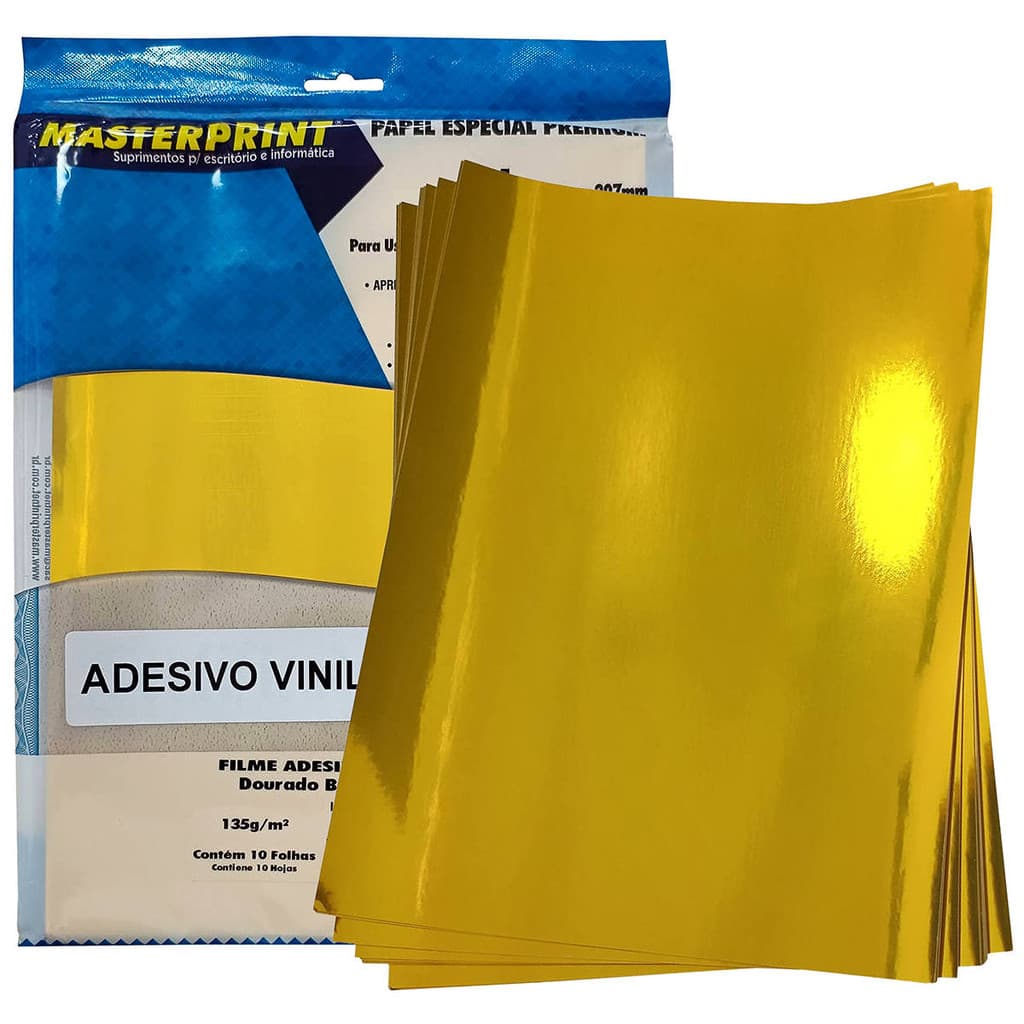 Vinil Adesivo Dourado Brilhante Masterprint 135g A4 À Prova D'Água Filme Adesivo Glossy PVC com 10 Folhas