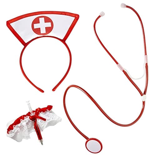 Kit Enfermeira Carnaval Quatro Peças Tiara Meia Estetoscópio Seringa