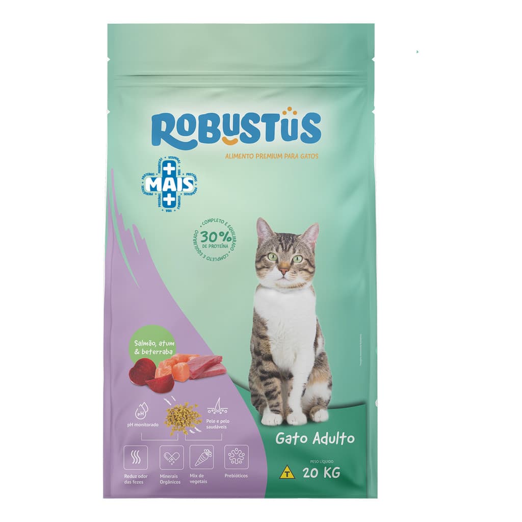 Ração Premium Linha +Mais Gato Gatos Castrado Reduz Odor Fezes Balanceada Salmão 20kg Robustus