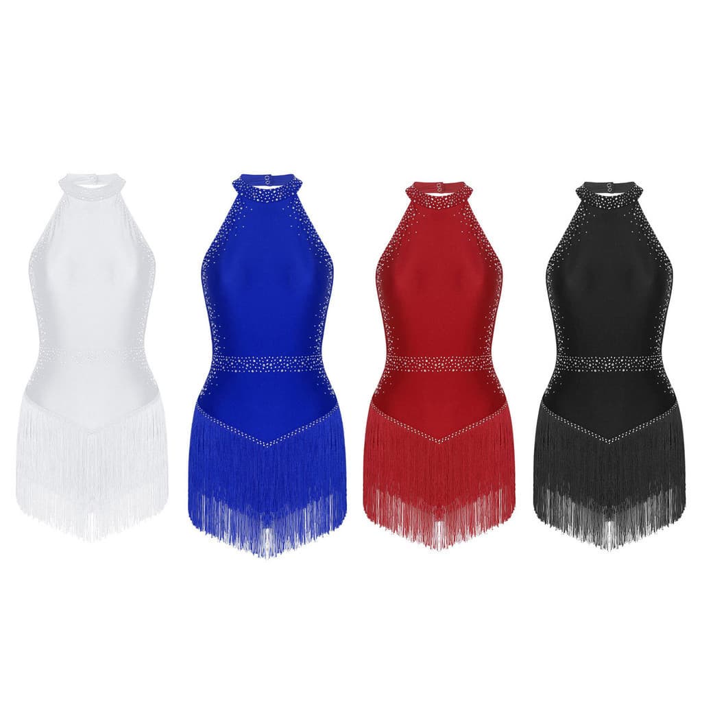 Strass Borla Collant Halter Sem Mangas Costas Franja Bodysuit Salão De Baile Latino Tango Salsa Dança Traje
