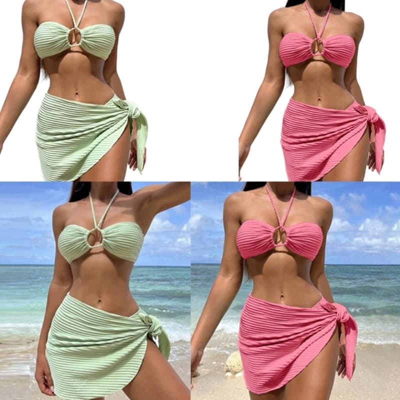 TO Mulheres 3 Peças Dividir Maiô Verão Cor Sólida Com Saia De Praia Feminino Halters Roupa De Banho Para Férias