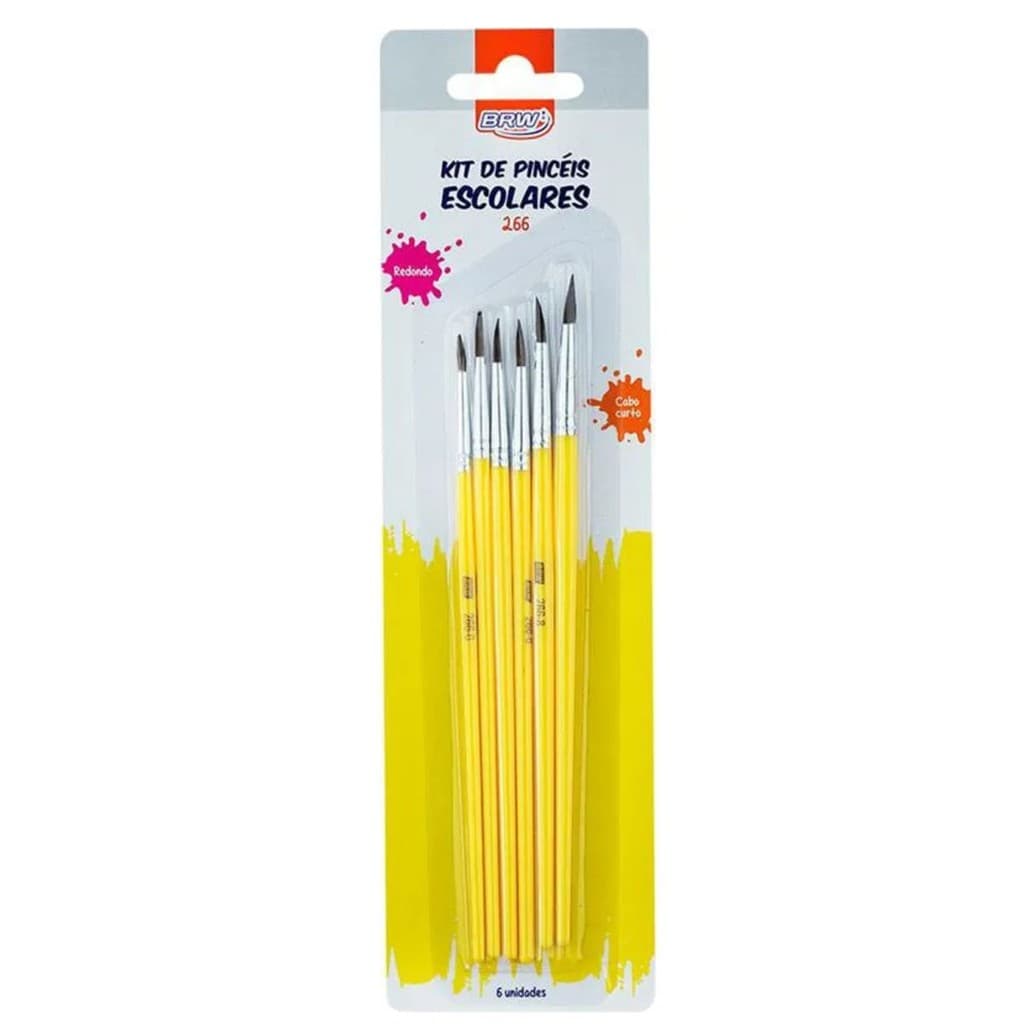 KIT 6 PINCEL DE PINTURA ESCOLAR ARTISTICO REDONDO 266 CABO CURTO N° 0-2-4-6-8-10 - BRW