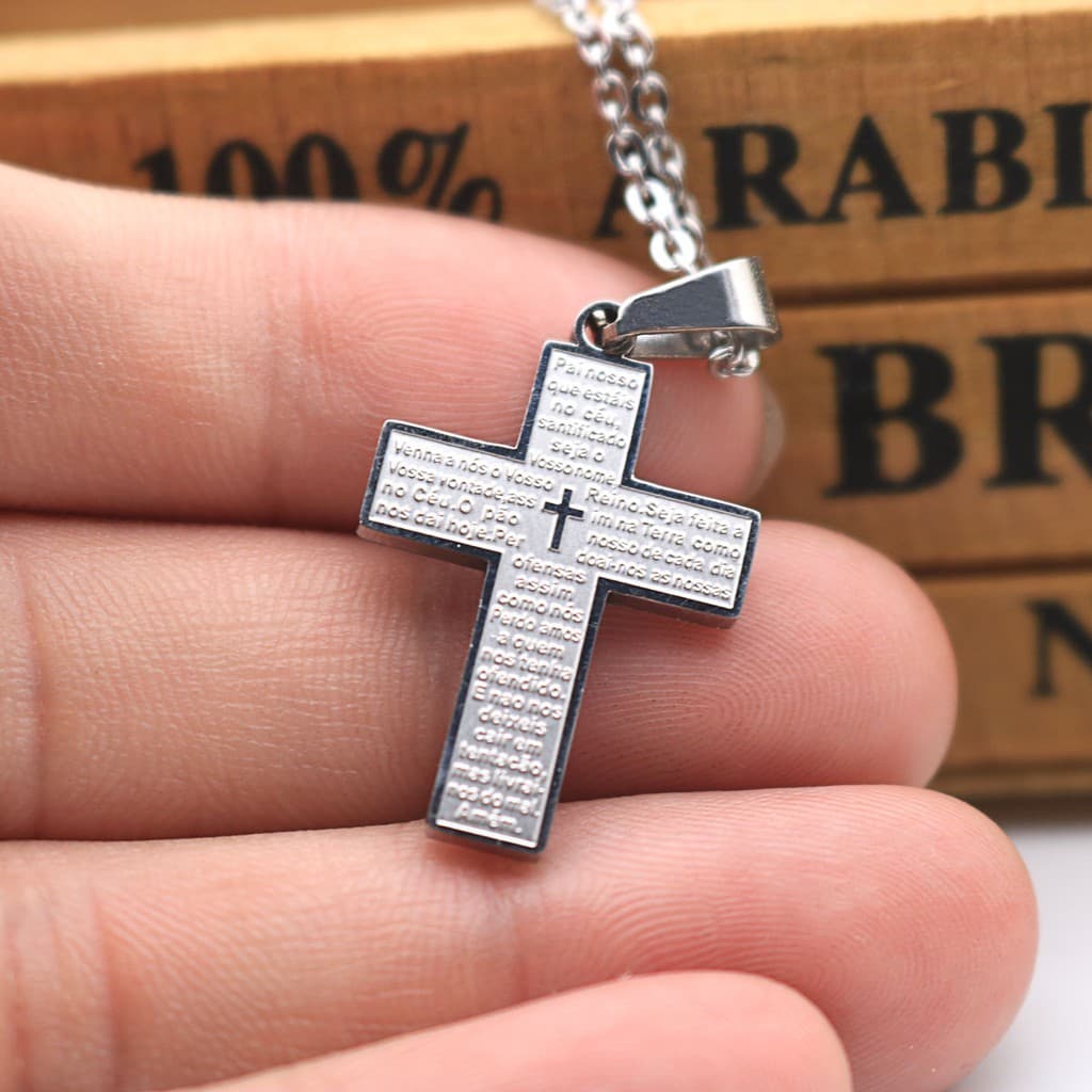 Colar Corrente Masculino Cruz Crucifixo Pai Nosso Em Aço inoxidável banhado nao escurece Brilho de qualidade