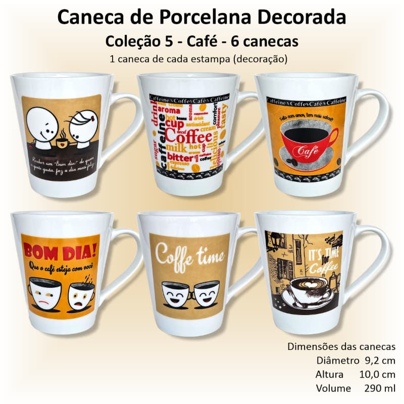 Canecas de porcelana brancas, cônicas, decoradas, 290 ml, xicara, café, chá, Col5-CAFÉ - 6 canecas