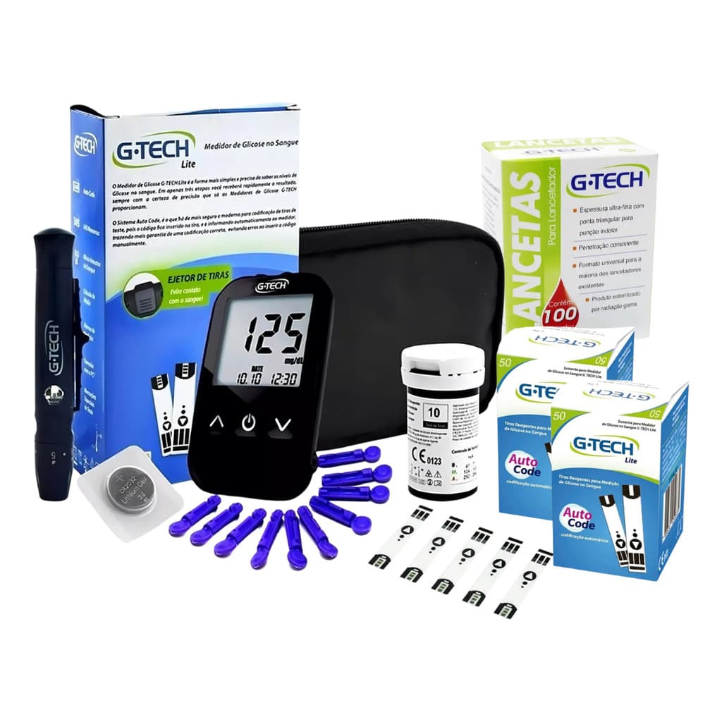Kit Aparelho Medidor De Glicemia Completo com 100 Tiras + 100 Lancetas G-tech Lite