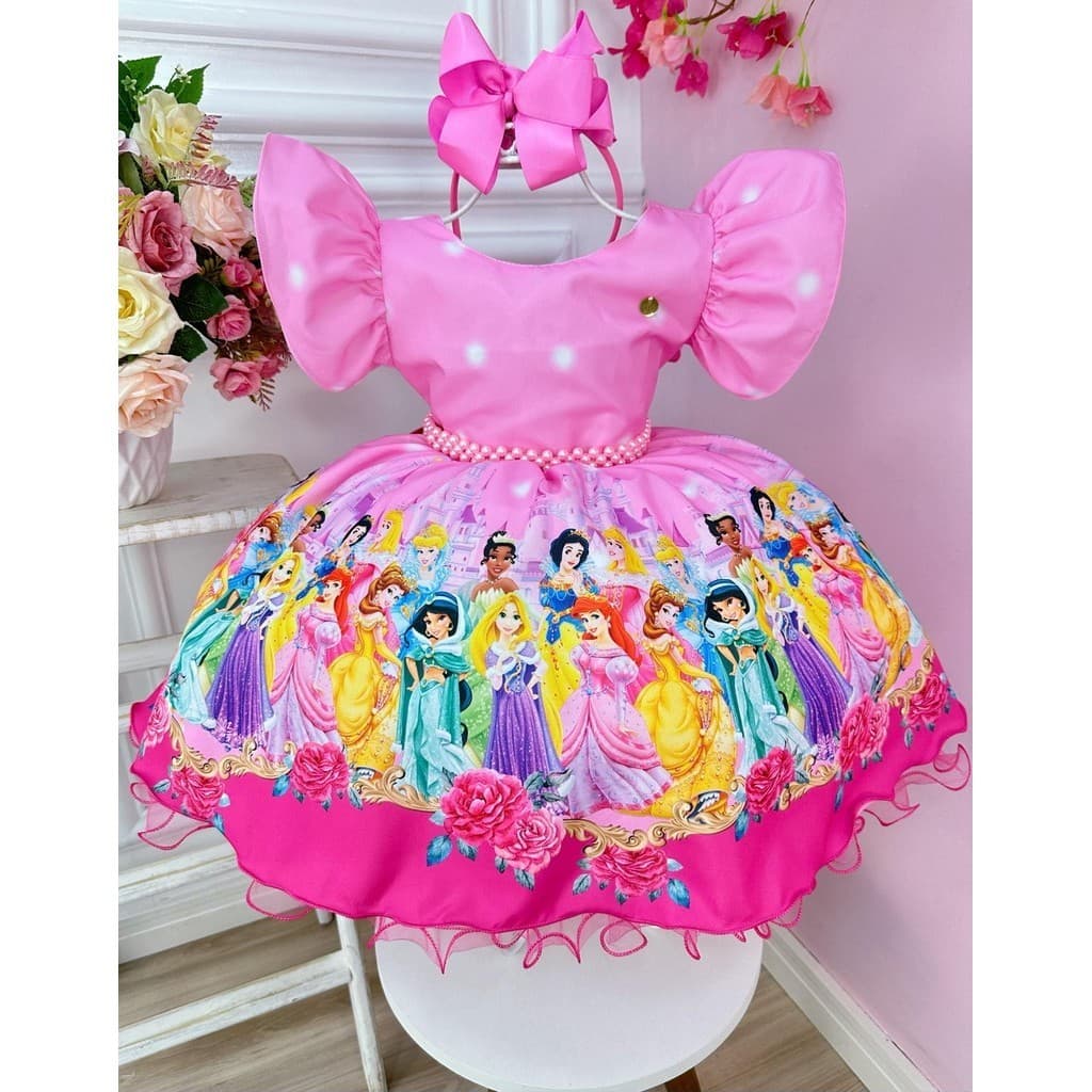 Vestido Infantil Rosa Princesas Festas C/ Pérolas Festas Aniversários