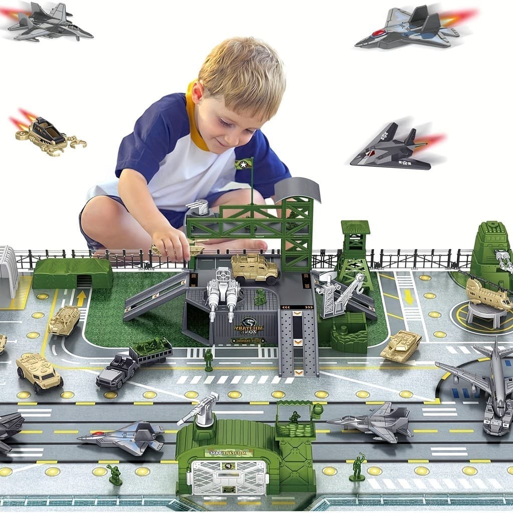 Conjunto De Brinquedos Do Exército De Base Militar Com Homem Figura De Ação Avião Brinquedo Tanque Helicóptero Acessório