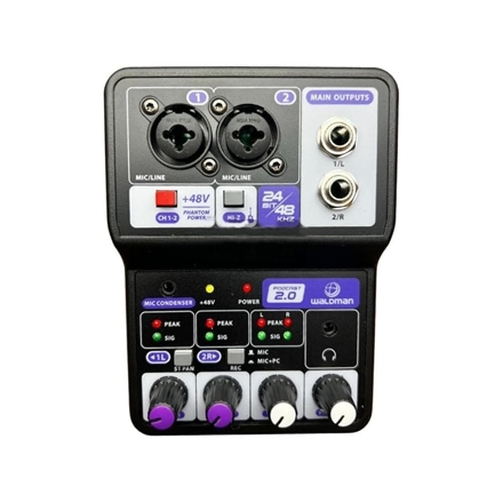 MESA DE SOM WALDMAN DE 2 CANAIS INTERFACE DE AUDIO PODCAST 2.0 +48v PC