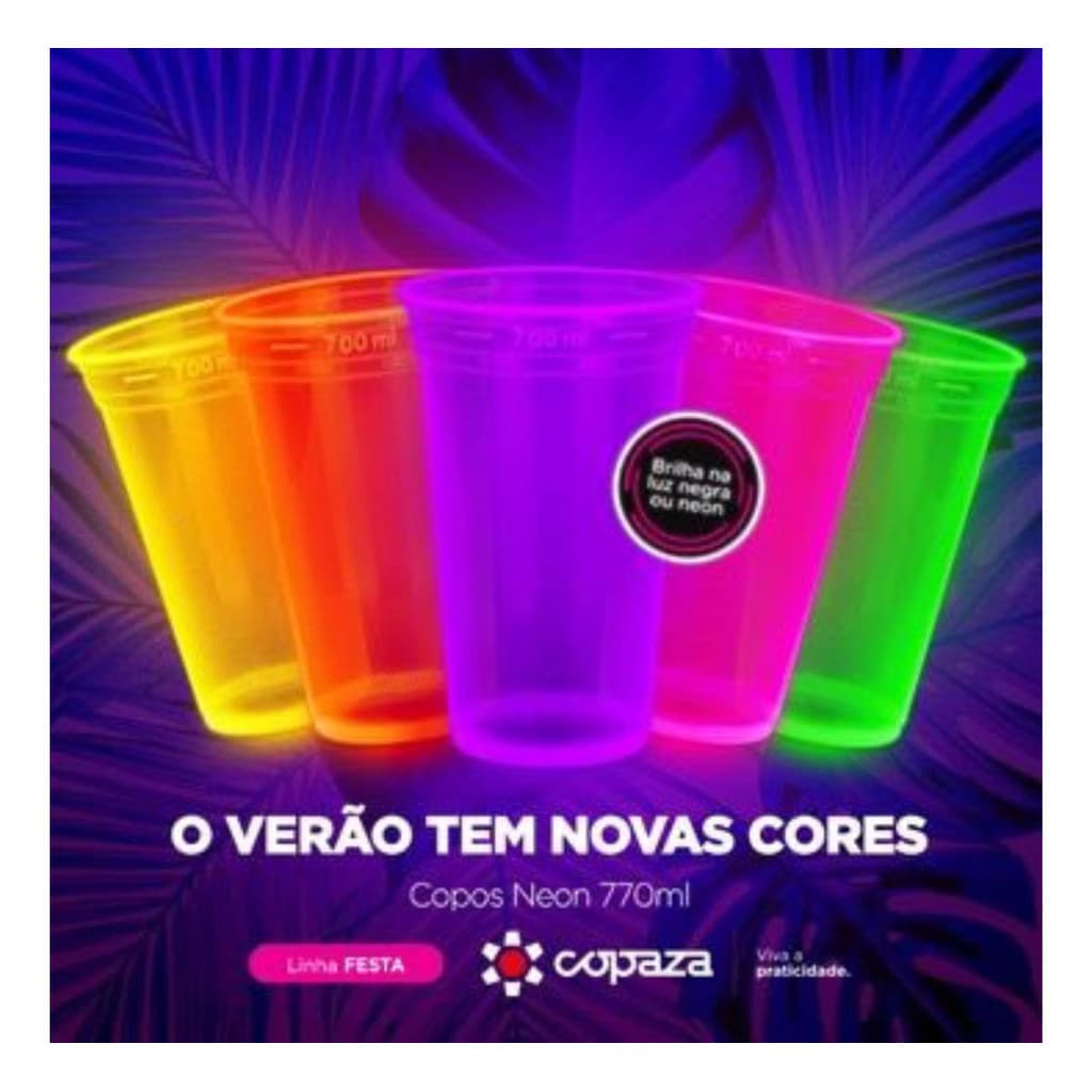 50 Copo Copao Neon 770ml Festa Balada Carnaval Cores Vibrantes Brilha Na Luz Negra