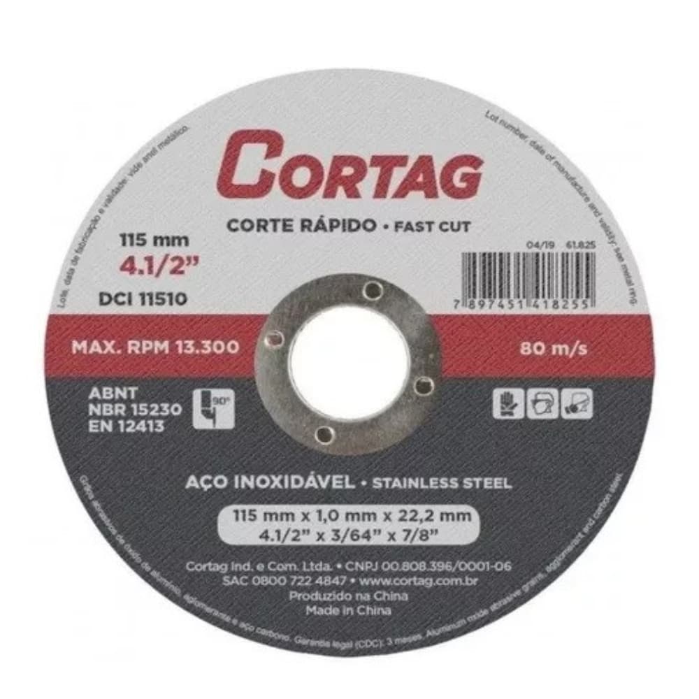 Kit 5 Discos Corte Inox Cortag 115mmx1,0mx22,22mm