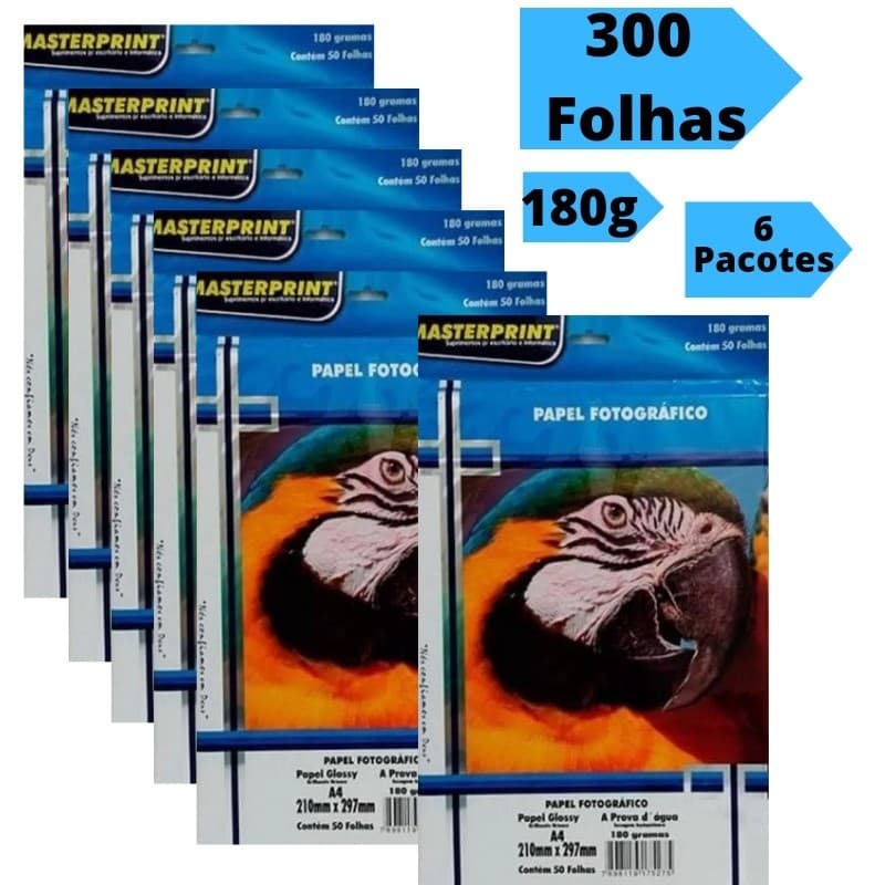 Papel Fotográfico Foto 180g A4 Glossy Brilhante Resistente a Água 300 Folhas Masterprint