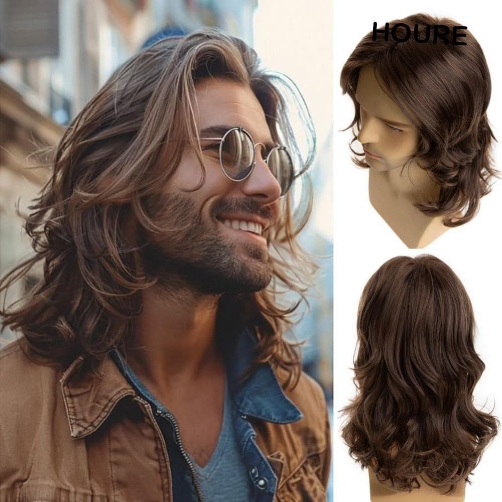 HOURE Perucas Onduladas Masculinas , Sintéticas Encaracoladas De Comprimento Médio Para Cosplay Homens , Cabelo Castanho