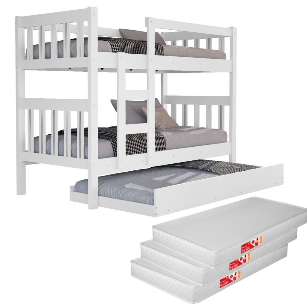 Beliche Com Auxiliar e 3 Colchões Capri Branco Escada Grade Protetora Tricama Infantil Apartamento