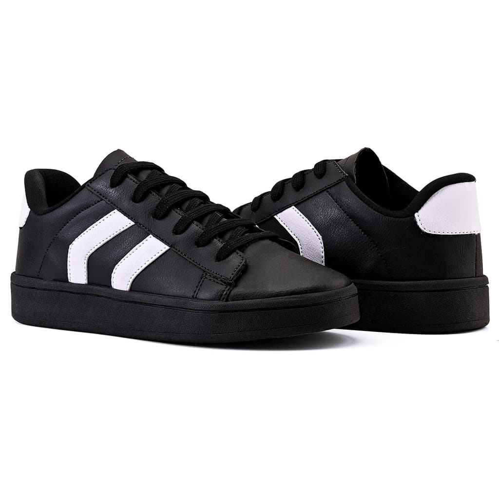 Tênis Basico Feminino Todo Branco e Preto Promoção
