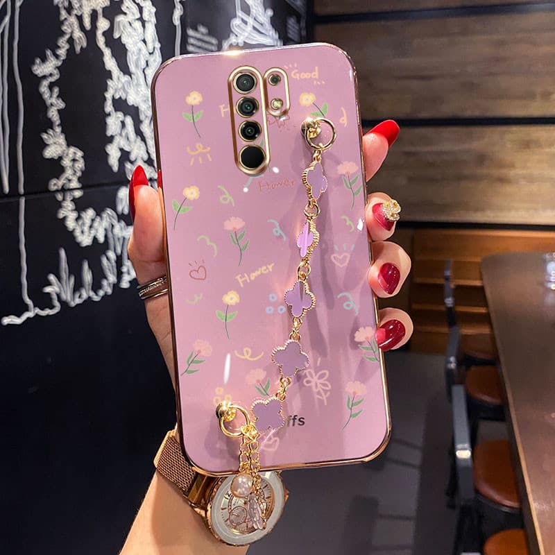 Caixa Xiaomi Redmi 8 9 10 8A 9A 9T 9C 10A 10C Padrão De Flor Pequena Com Bracelete De Quatro Folhas De Trevo Capa Protetora À Prova De Choque