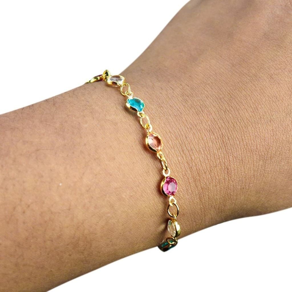 Pulseira banhada ouro aço inoxidável zirconias + saquinho presente social dourada casual