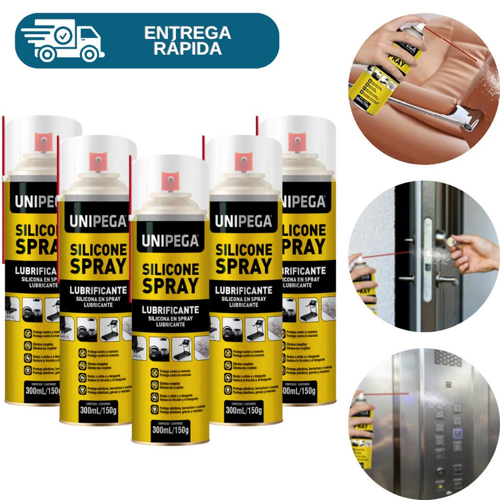 Kit 5 Silicone Spray Lubrificante 300ml Unipega Multiuso Protege Elimina Rugidos Brilho Couro Carro